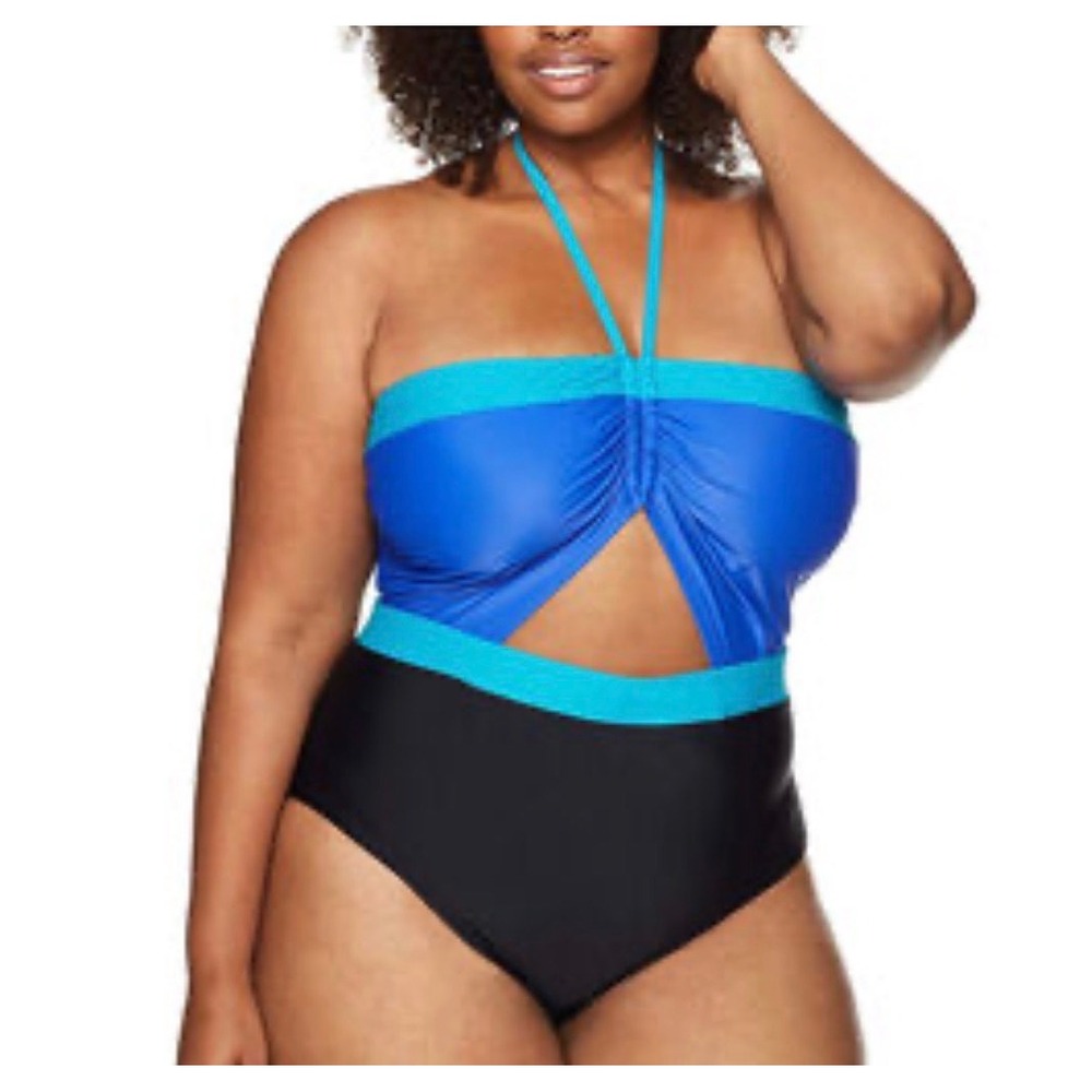 NEW Halter Neck Cutout One Piece Swimsuit Blue Black Teal‎ Plus Size 1X  16-18